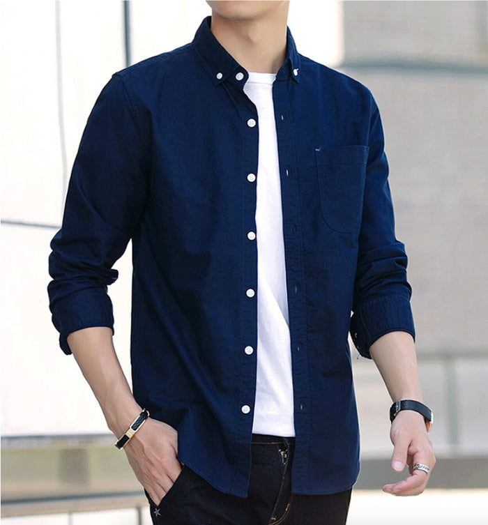 Long Sleeve Men's Button-Up Shirt: Retaining the Essence while Distinguishing from the Original: navy blue, white long-sleeve