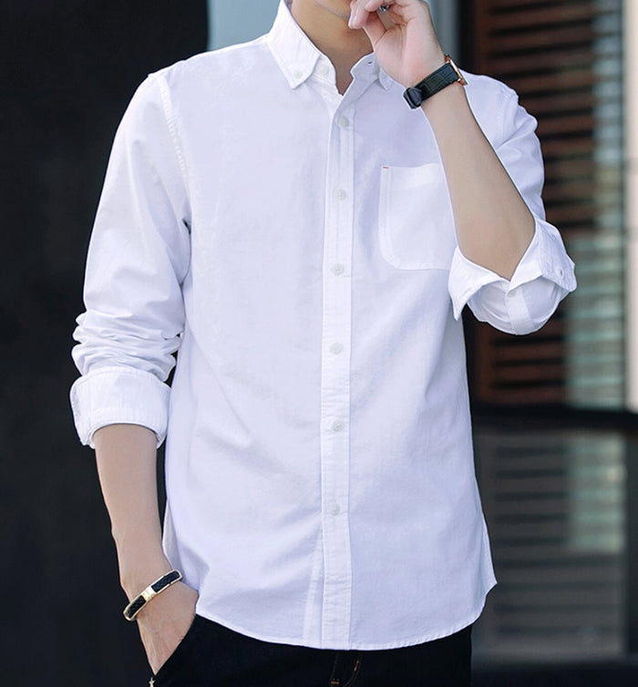 Long Sleeve Men's Button-Up Shirt: Retaining the Essence while Distinguishing from the Original: navy blue, white long-sleeve