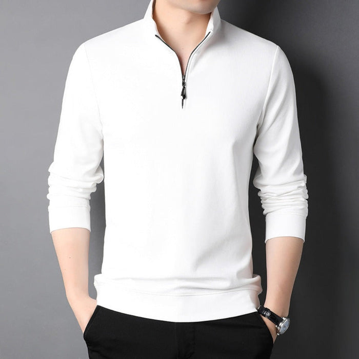 Long Sleeve Men's Casual Top with Stand Collar: white, black long-sleeve quarter-zip pullover, minimal style