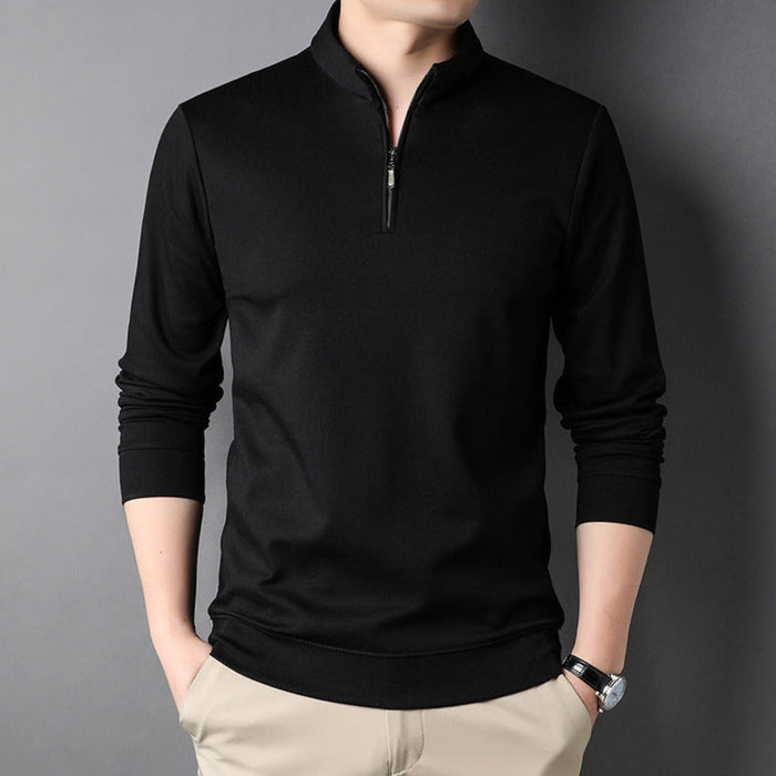 Long Sleeve Men's Casual Top with Stand Collar: white, black long-sleeve quarter-zip pullover, minimal style