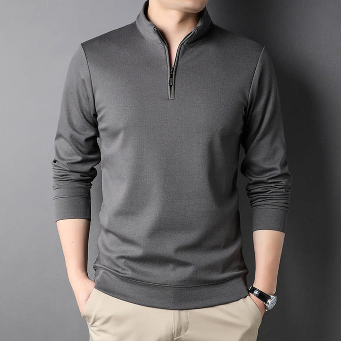 Long Sleeve Men's Casual Top with Stand Collar: white, black long-sleeve quarter-zip pullover, minimal style
