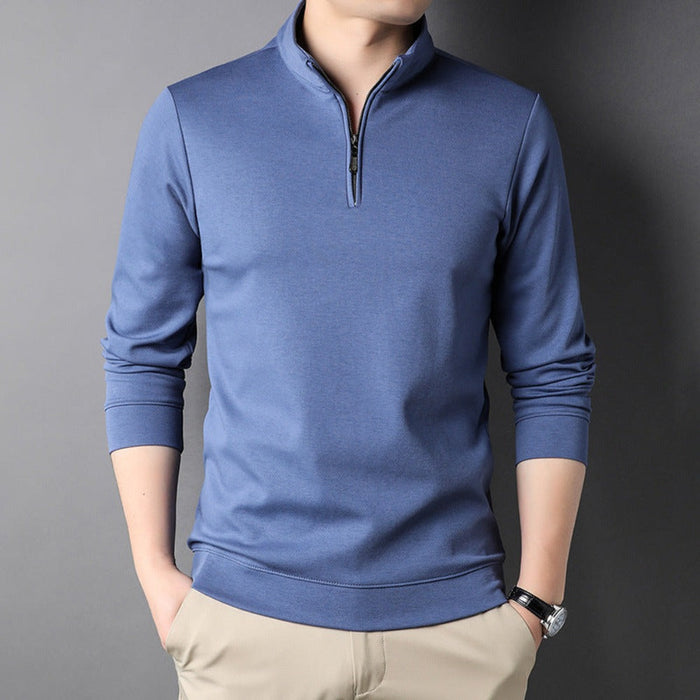 Long Sleeve Men's Casual Top with Stand Collar: white, black long-sleeve quarter-zip pullover, minimal style