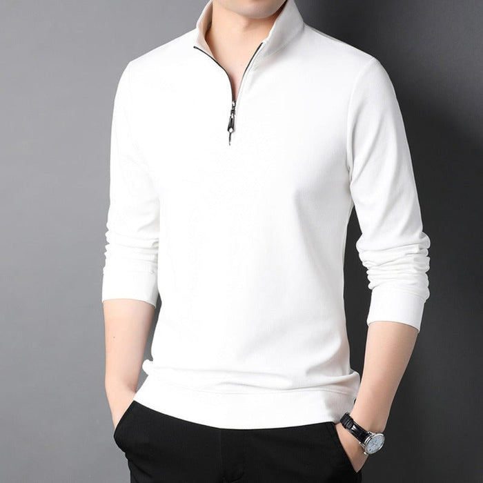 Long Sleeve Men's Casual Top with Stand Collar: white, black long-sleeve quarter-zip pullover, minimal style