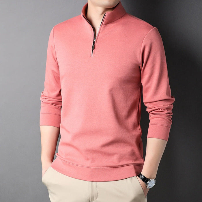 Long Sleeve Men's Casual Top with Stand Collar: white, black long-sleeve quarter-zip pullover, minimal style