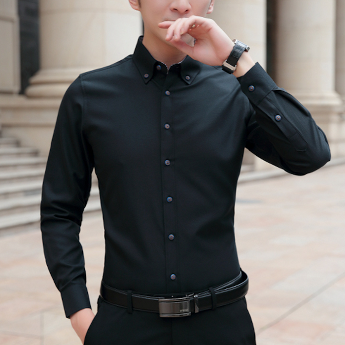 Long Sleeve Oxford Shirt for Men, Updated Title: light blue, dark gray buttons long-sleeve button-up shirt, minimal style