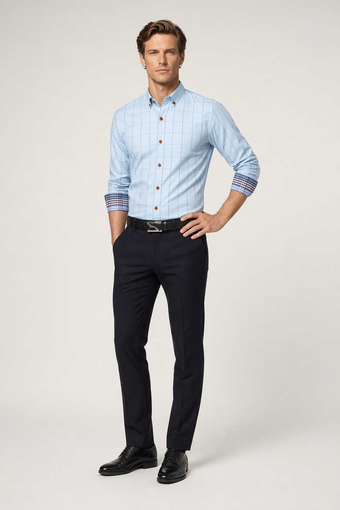Long Sleeve Plaid Shirt for Men with Unique Inner Accents Blue