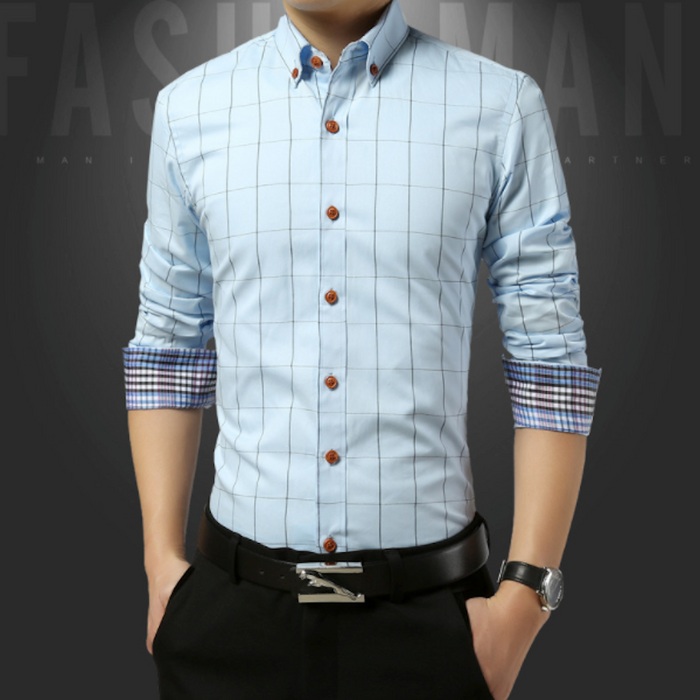 Long Sleeve Plaid Shirt for Men with Unique Inner Accents: light blue, dark blue button-up shirt, smart casual style