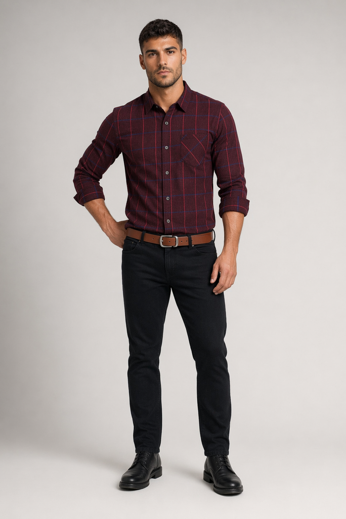 Long Sleeve Plaid Shirt for Men Wine