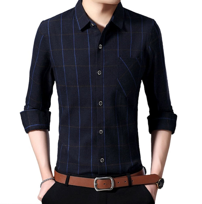 Long Sleeve Plaid Shirt for Men: black, dark navy button-up shirt, smart casual style