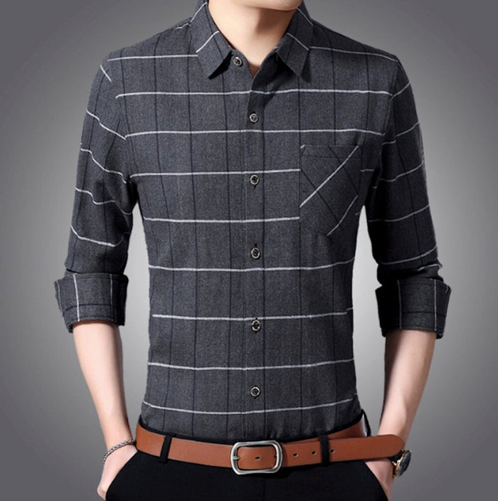 Long Sleeve Plaid Shirt for Men: black, dark navy button-up shirt, smart casual style