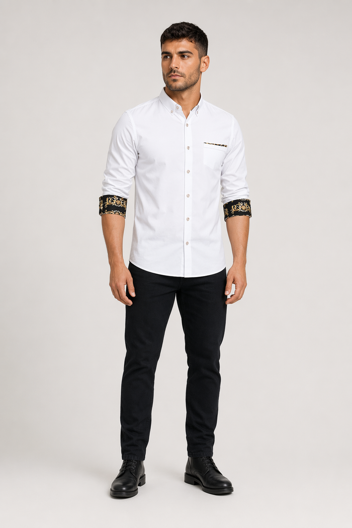 Long Sleeve Plaid Shirt with Inner Golden Print - Men's Fashion Essential White