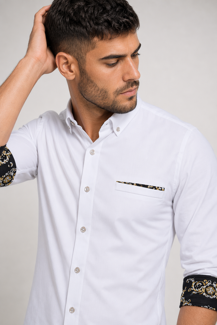 Long Sleeve Plaid Shirt with Inner Golden Print - Men's Fashion Essential White