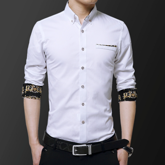 Long Sleeve Plaid Shirt with Inner Golden Print, Men's Fashion Essential: white, black button-up dress shirt, modern dressy s