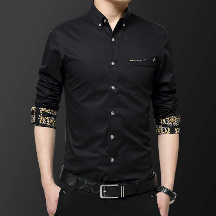 Long Sleeve Plaid Shirt with Inner Golden Print, Men's Fashion Essential: white, black button-up dress shirt, modern dressy s