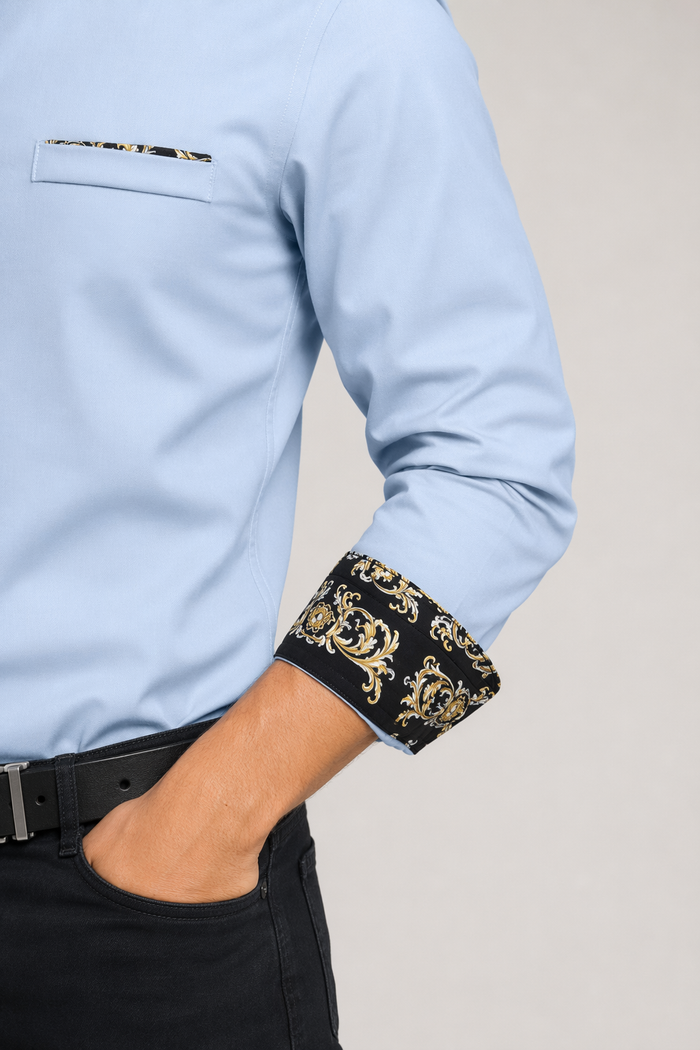 Long Sleeve Plaid Shirt with Inner Golden Print - Men's Fashion Essential Blue