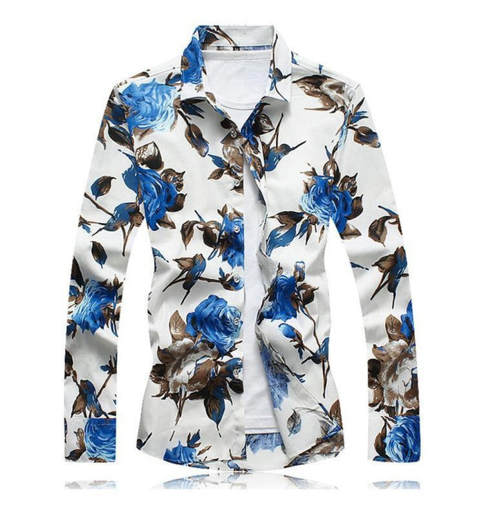 Long Sleeve Red Floral Men's Shirt: white, red floral rose pattern, floral fashion style
