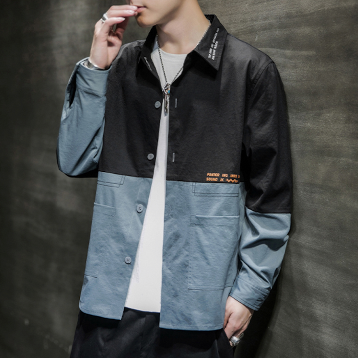 Long Sleeve Two-Toned Casual Men's Shirt: black, blue-gray color-block button-up jacket/shirt, streetwear color-block style