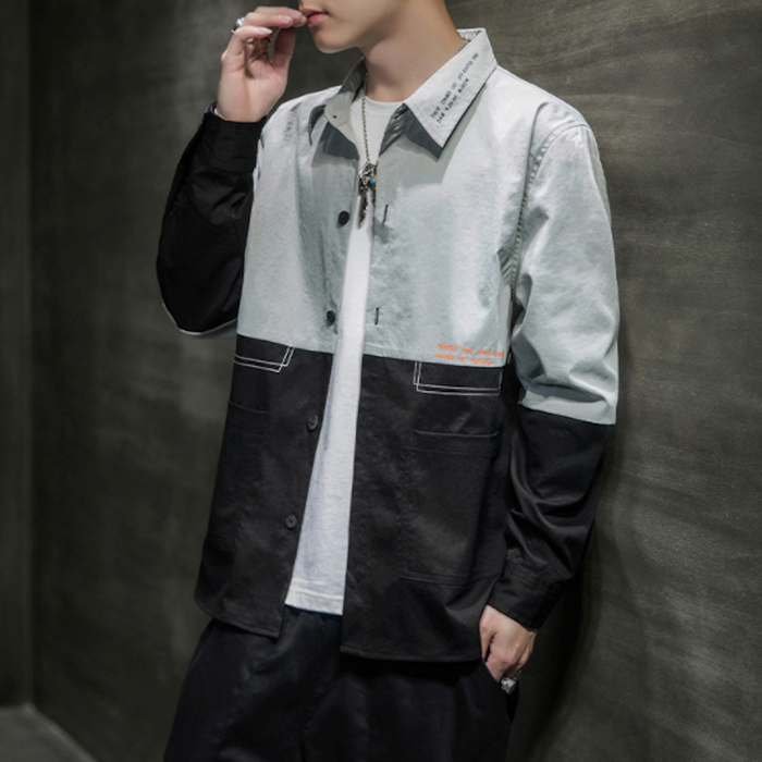 Long Sleeve Two-Toned Casual Men's Shirt: black, blue-gray color-block button-up jacket/shirt, streetwear color-block style