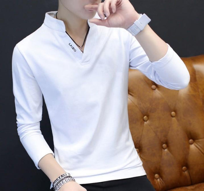 Long Sleeve V-Neck Casual Men's Shirt: white long-sleeve pullover shirt, minimal casual style