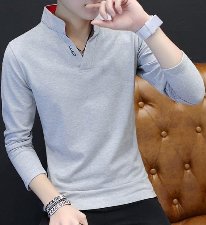 Long Sleeve V-Neck Casual Men's Shirt: white long-sleeve pullover shirt, minimal casual style