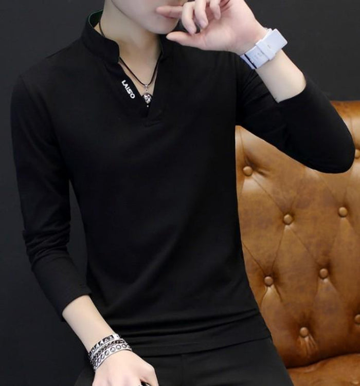 Long Sleeve V-Neck Casual Men's Shirt: white long-sleeve pullover shirt, minimal casual style
