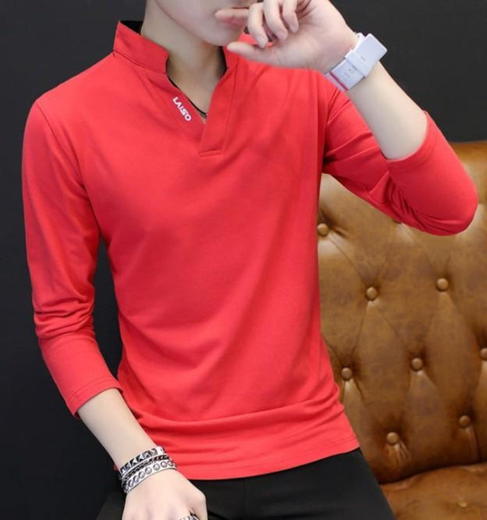 Long Sleeve V-Neck Casual Men's Shirt: white long-sleeve pullover shirt, minimal casual style