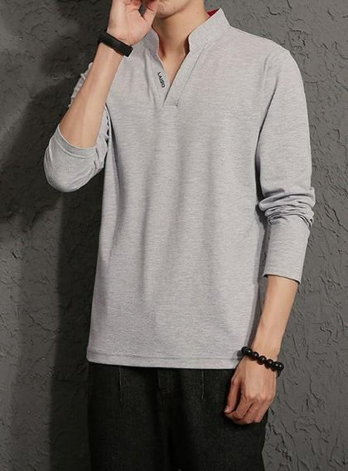 Long Sleeve V-Neck Casual Men's Shirt: white long-sleeve pullover shirt, minimal casual style