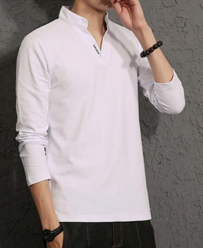 Long Sleeve V-Neck Casual Men's Shirt: white long-sleeve pullover shirt, minimal casual style