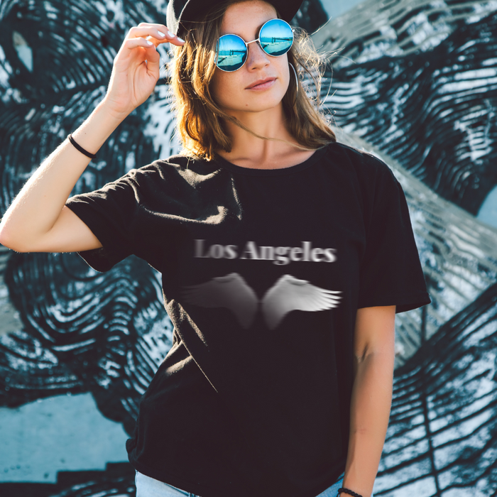 Los Angeles T-Shirt with Winged Logo Design: black, gray Los Angeles text with wings, casual graphic style