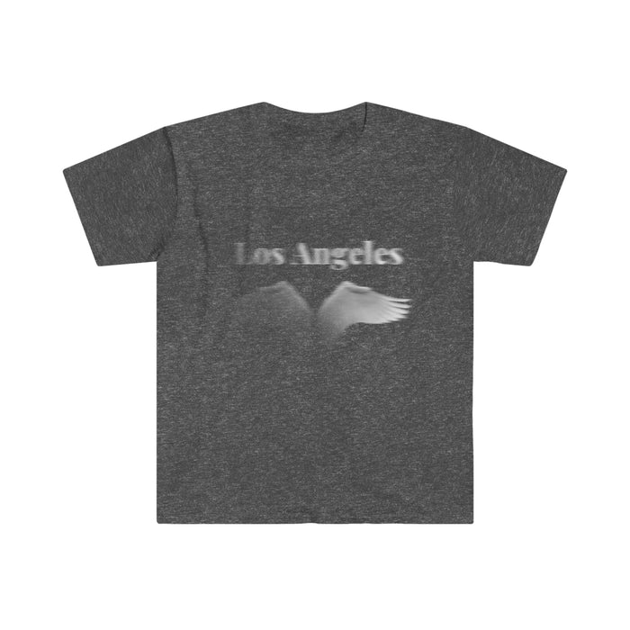 Los Angeles T-Shirt with Winged Logo Design: black, gray Los Angeles text with wings, casual graphic style
