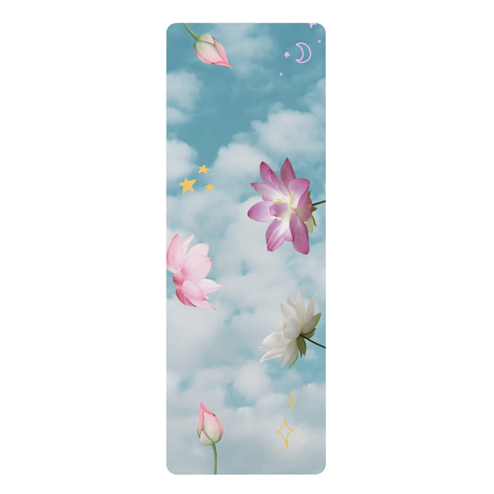 Lotus Yoga Mat for a Calming Floating Experience: sky blue, white cloudy sky with flowers, stars, crescent moon, and sparkles