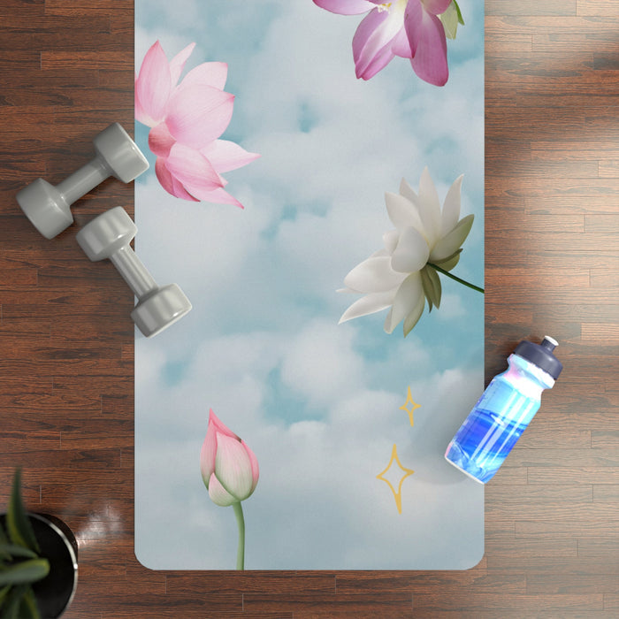 Lotus Yoga Mat for a Calming Floating Experience: sky blue, white cloudy sky with flowers, stars, crescent moon, and sparkles
