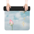 Lotus Yoga Mat for a Calming Floating Experience: sky blue, white cloudy sky with flowers, stars, crescent moon, and sparkles