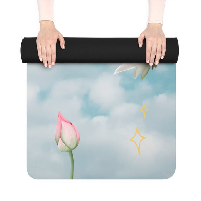 Lotus Yoga Mat for a Calming Floating Experience: sky blue, white cloudy sky with flowers, stars, crescent moon, and sparkles