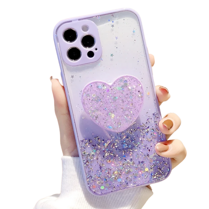Love Stand iPhone Case with Shimmering Sequins: lavender, purple heart, kawaii style