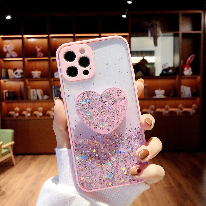 Love Stand iPhone Case with Shimmering Sequins: lavender, purple heart, kawaii style