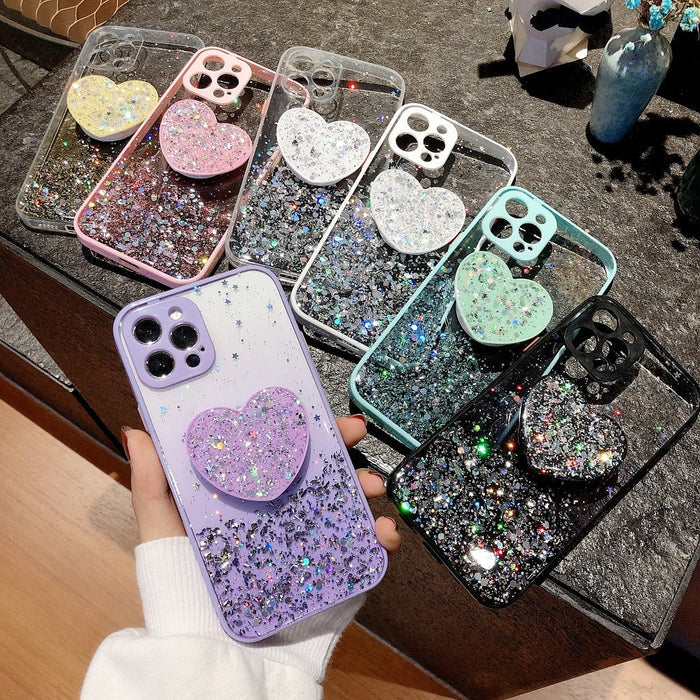 Love Stand iPhone Case with Shimmering Sequins: lavender, purple heart, kawaii style