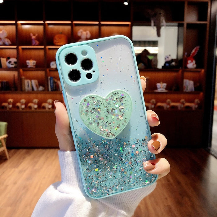 Love Stand iPhone Case with Shimmering Sequins: lavender, purple heart, kawaii style