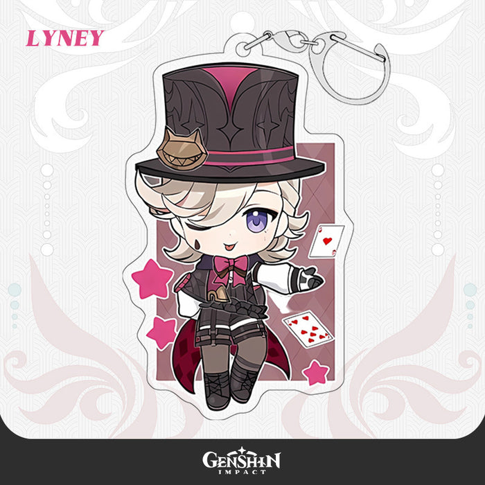Lyney & Lynette Acrylic Charms: Magical, Artful, Durable: white, black two chibi anime-style characters, kawaii chibi anime/c