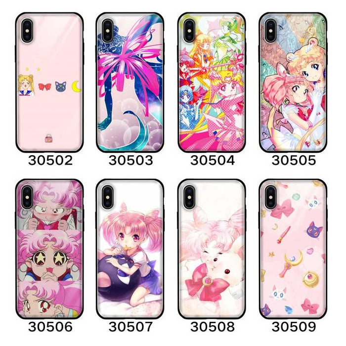 Magical Girl Phone Cases for Cute Lovers: pink, white Sailor Moon anime characters and symbols, cartoon anime kawaii style