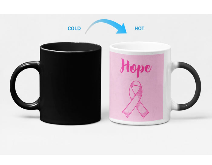 Magical Heat Sensitive Color Changing Mug with Pink Ribbon Hope Design: black, white breast cancer awareness theme, minimal a