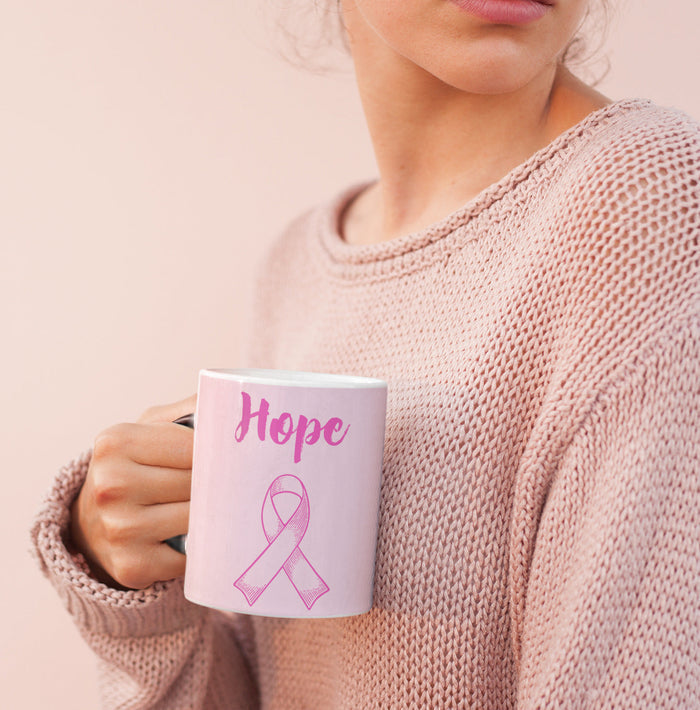 Magical Heat Sensitive Color Changing Mug with Pink Ribbon Hope Design: black, white breast cancer awareness theme, minimal a
