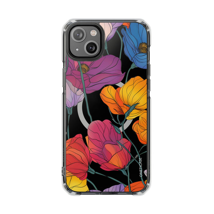 Magnetic Clear Case for iPhone Series, Blossom Design: black, clear floral pattern, colorful botanical illustration style