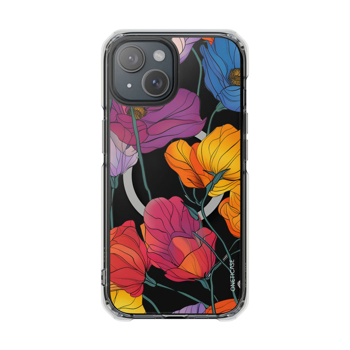 Magnetic Clear Case for iPhone Series, Blossom Design: black, clear floral pattern, colorful botanical illustration style