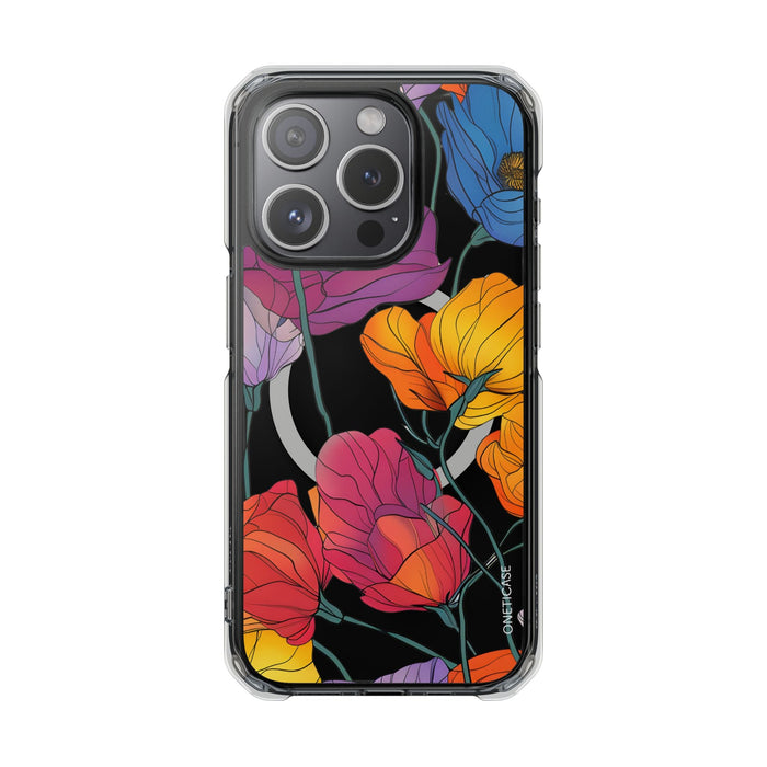 Magnetic Clear Case for iPhone Series, Blossom Design: black, clear floral pattern, colorful botanical illustration style