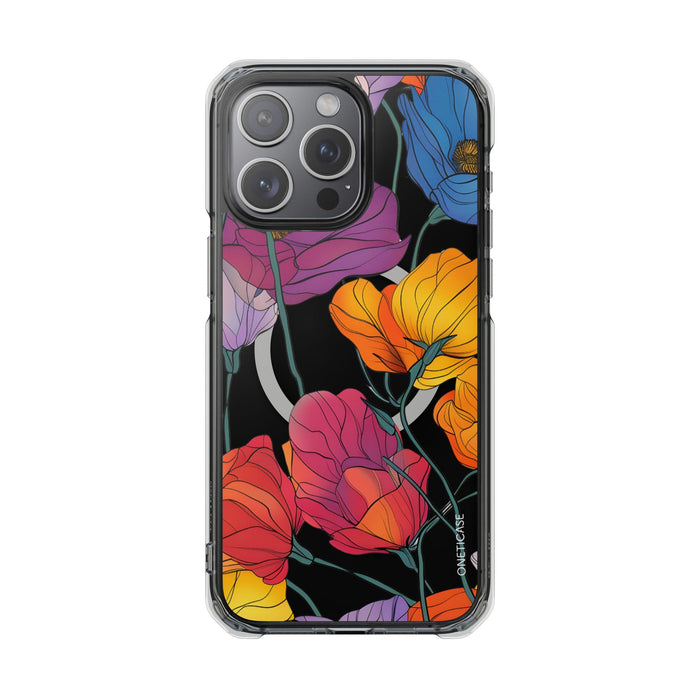 Magnetic Clear Case for iPhone Series, Blossom Design: black, clear floral pattern, colorful botanical illustration style