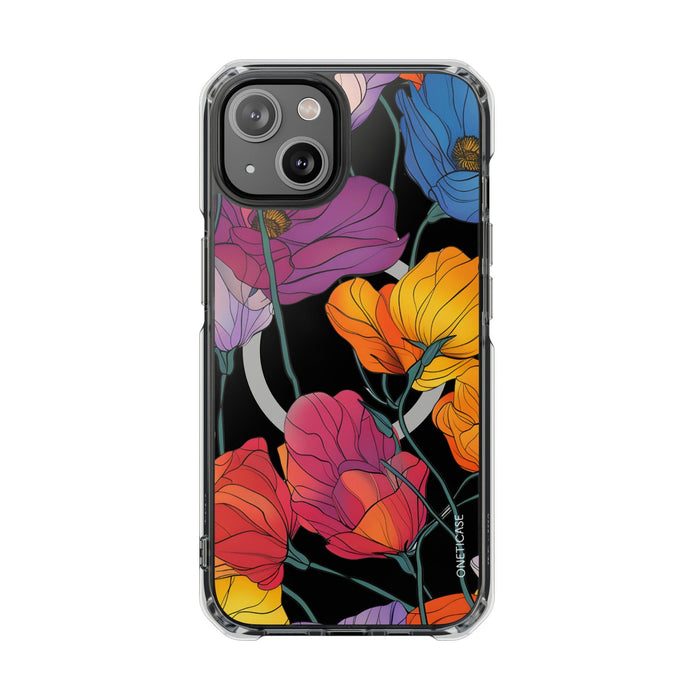Magnetic Clear Case for iPhone Series, Blossom Design: black, clear floral pattern, colorful botanical illustration style