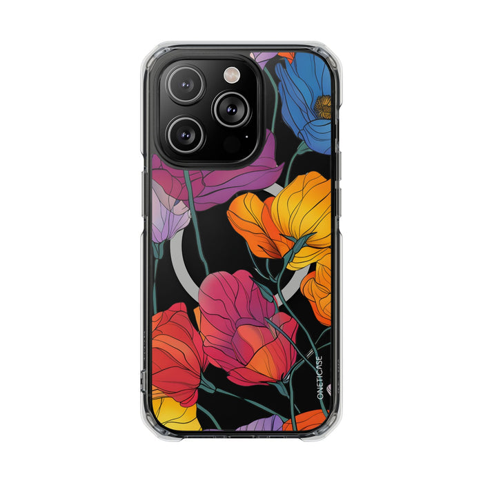 Magnetic Clear Case for iPhone Series, Blossom Design: black, clear floral pattern, colorful botanical illustration style