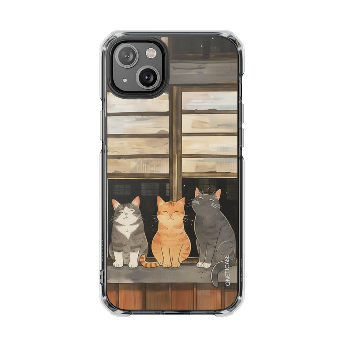 Magnetic Clear Case for iPhone Series, Cat Lovers' Chilling Edition: clear, black three cats, cartoon style
