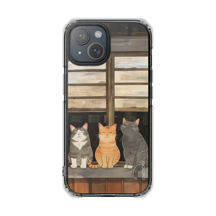 Magnetic Clear Case for iPhone Series, Cat Lovers' Chilling Edition: clear, black three cats, cartoon style